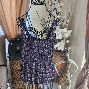 J. Crew Silky Navy Floral Smocked Tank Top in Raspberry Print